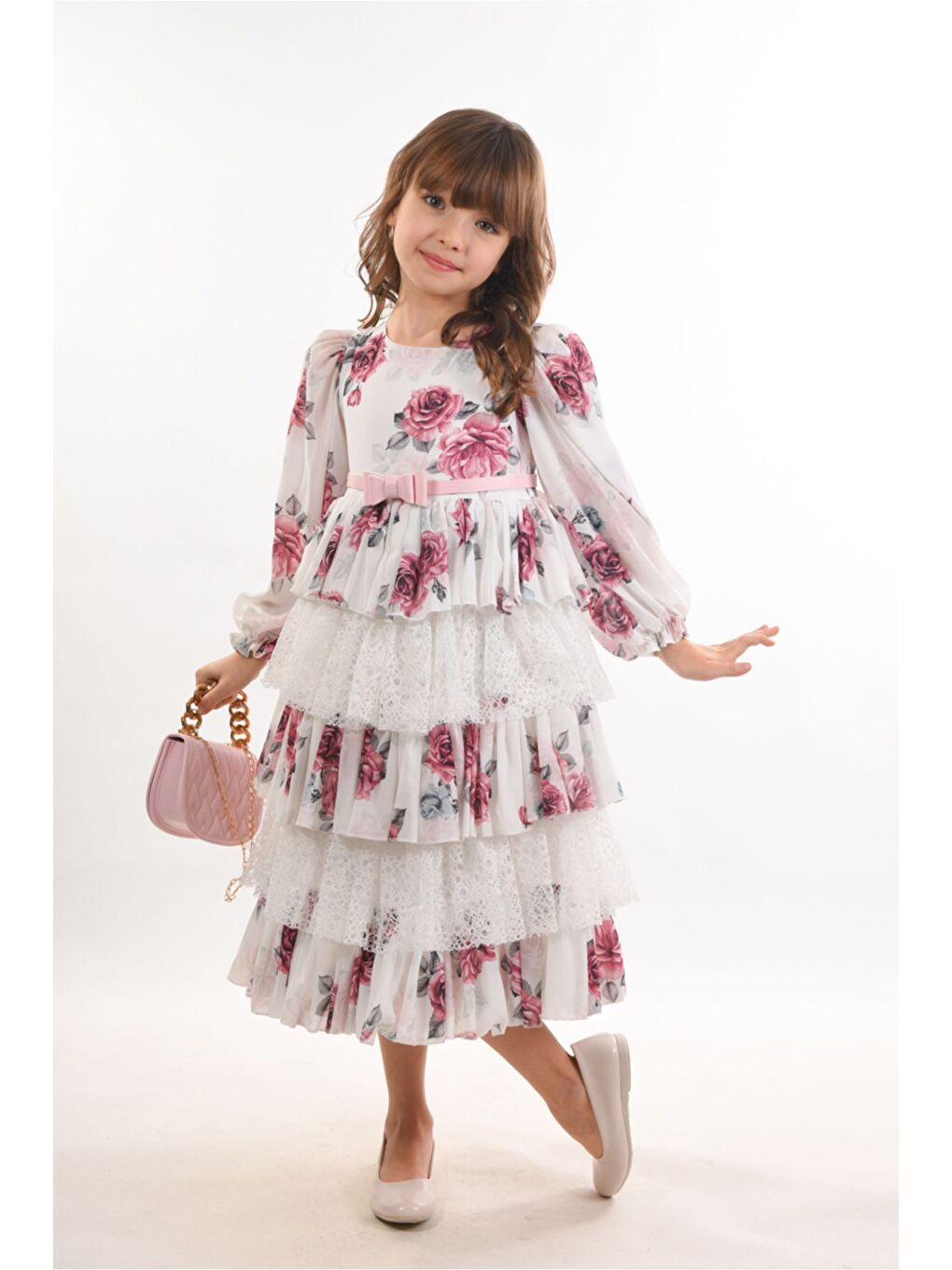 Pembe Çiçekli ve Çantalı Kat Kat Uzun Kemerli Kız Çocuk Elbise Doğum Günü Elbisesi-2
