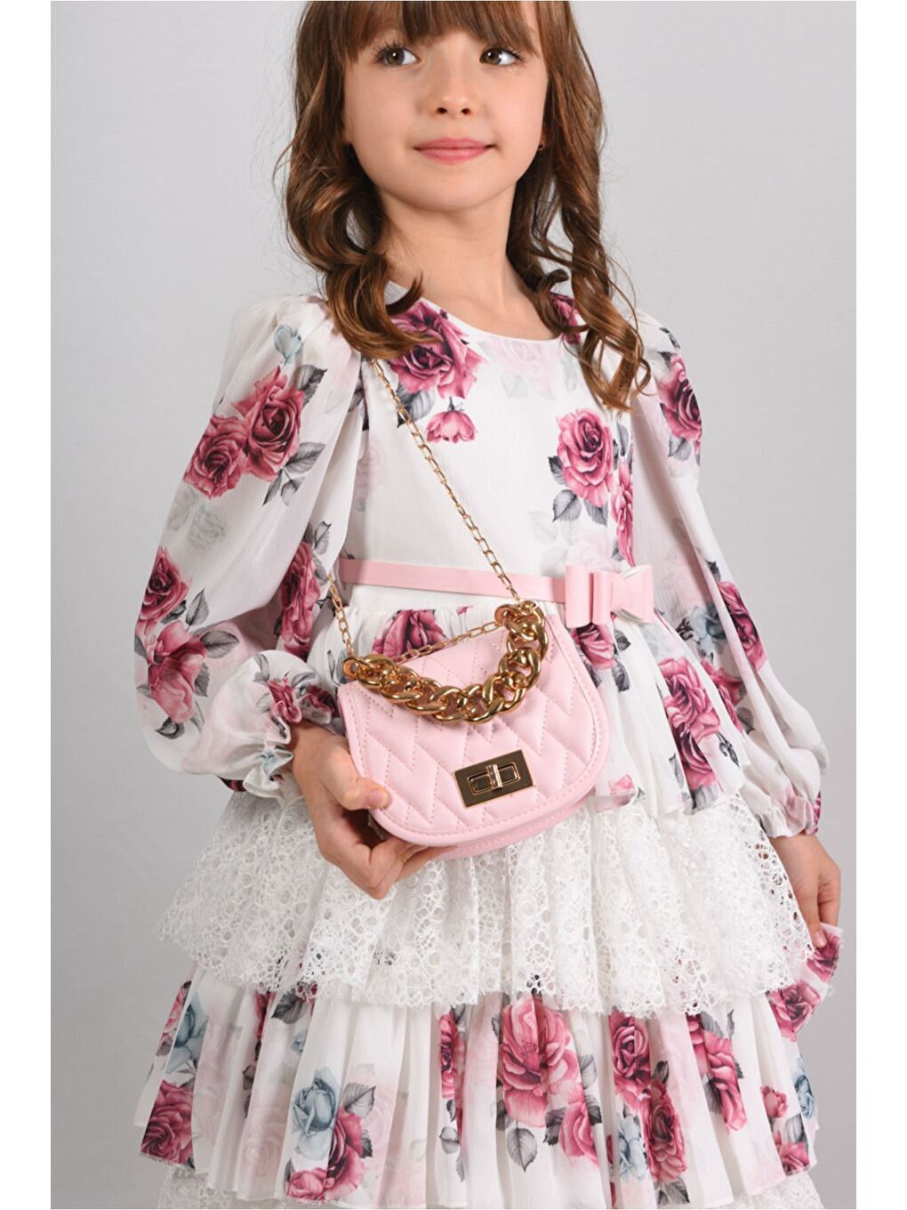 Pembe Çiçekli ve Çantalı Kat Kat Uzun Kemerli Kız Çocuk Elbise Doğum Günü Elbisesi-4