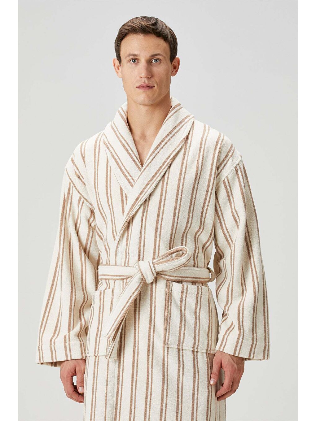 Kahverengi In Lines İpliği Boyalı Erkek Bornoz Mocha-1