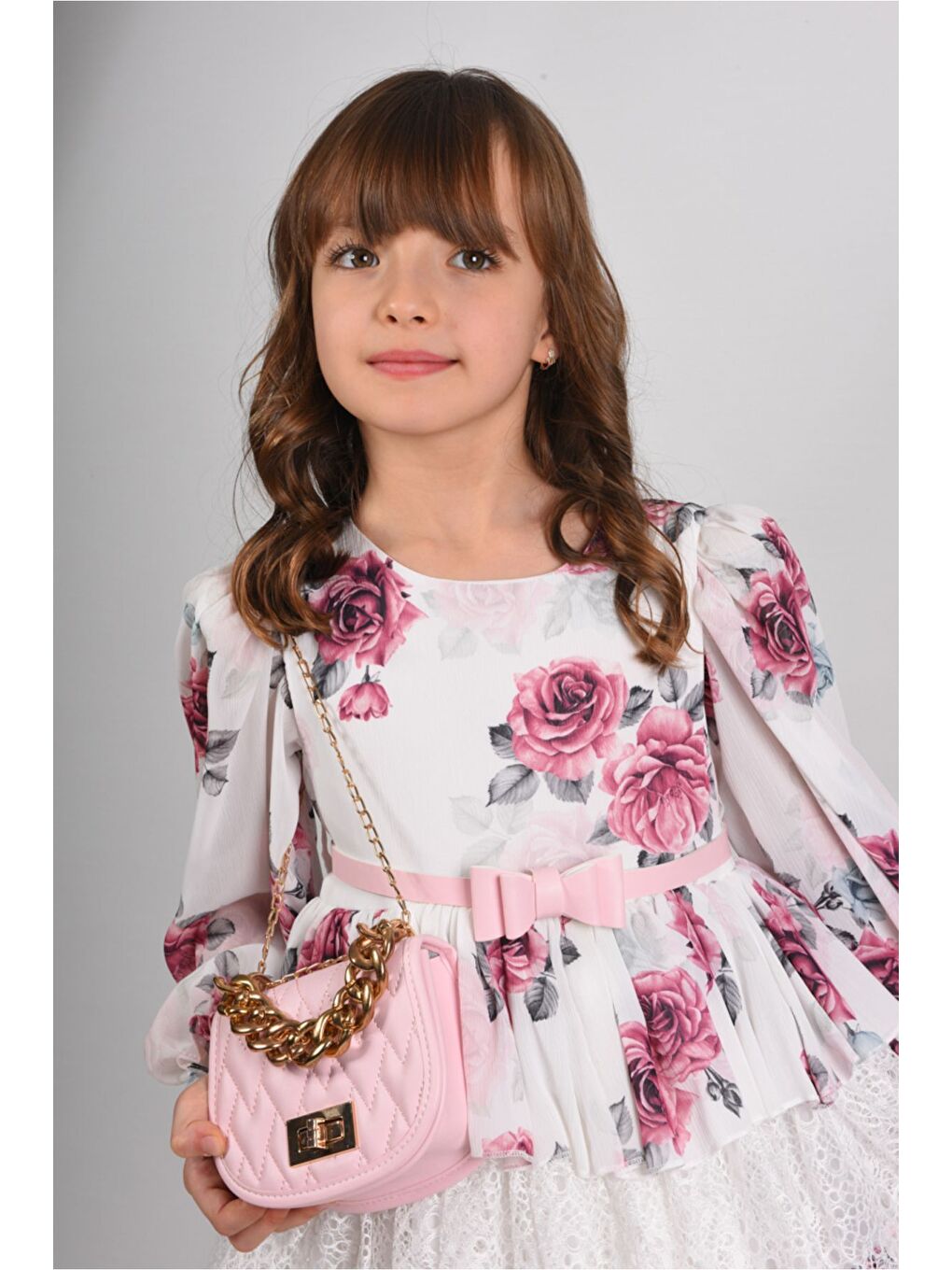 Pembe Çiçekli ve Çantalı Kat Kat Uzun Kemerli Kız Çocuk Elbise Doğum Günü Elbisesi-6