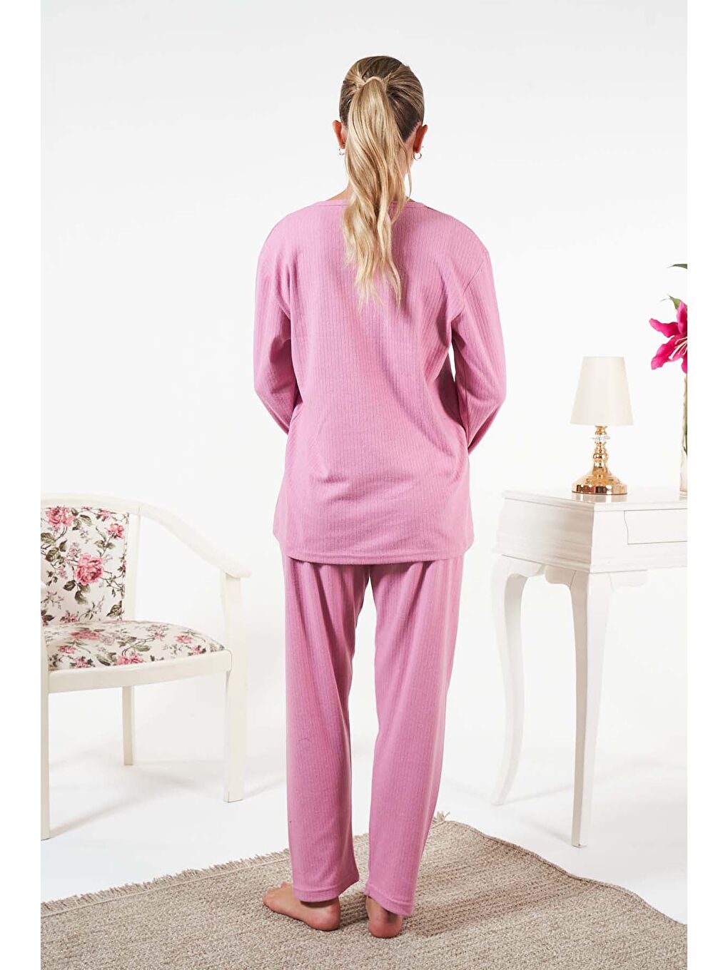 Kadın İnterlok Şardonlu Fitilli Pijama Takımı 25330 Pembe-1