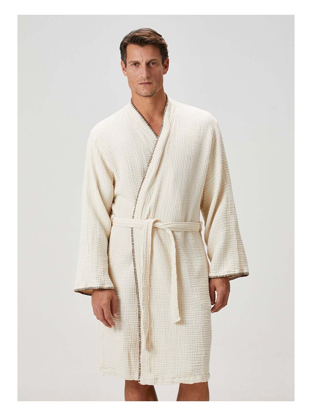 Loom 4 Katlı Müslin Çoban Dikşili Erkek Bornoz Kum Bej-1