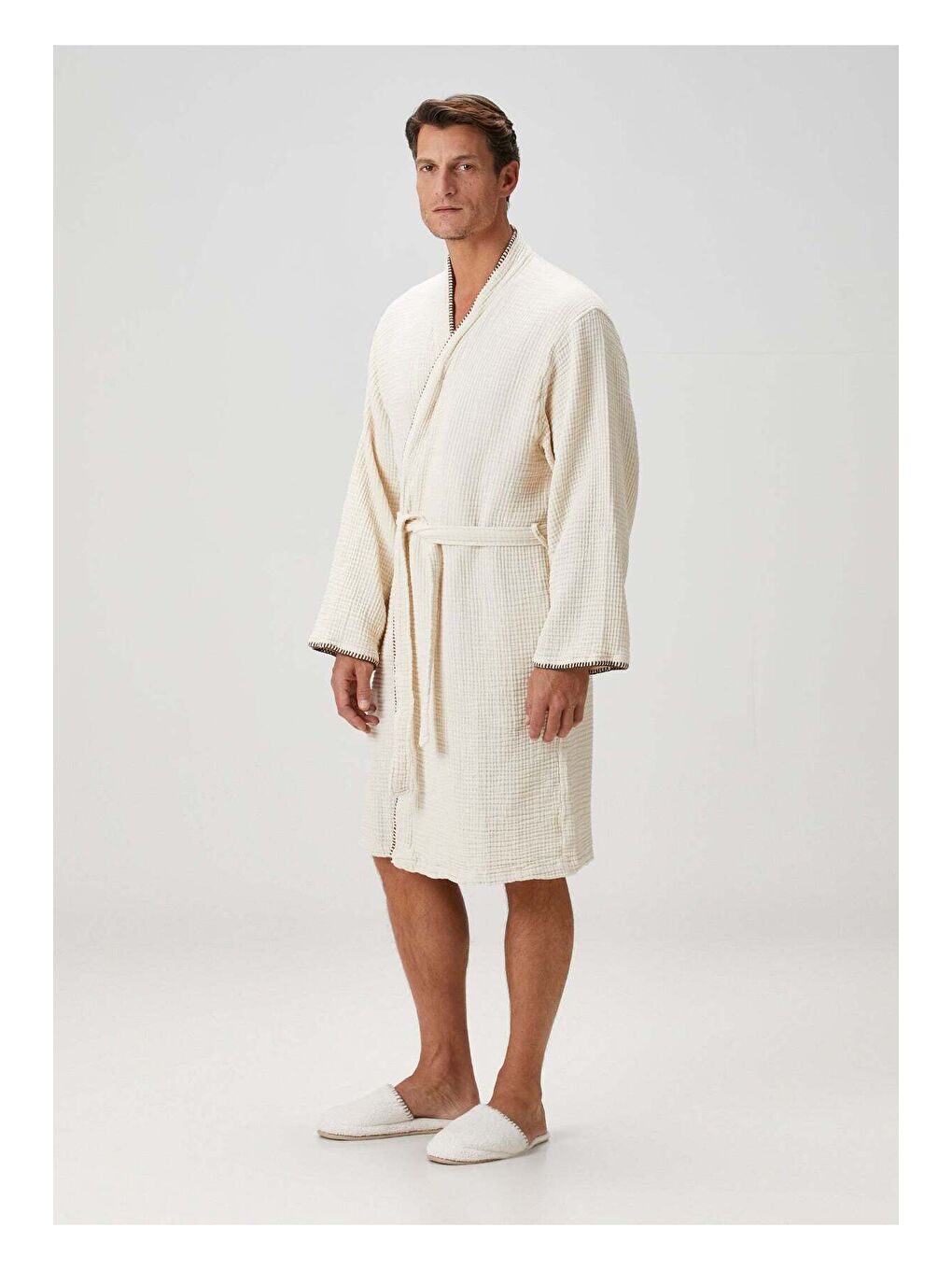 Loom 4 Katlı Müslin Çoban Dikşili Erkek Bornoz Kum Bej-2