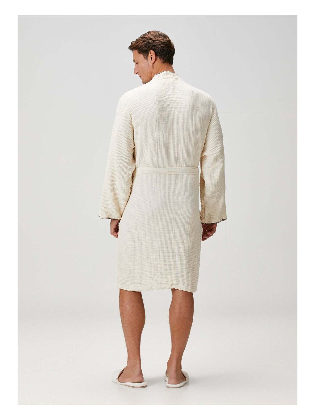 Loom 4 Katlı Müslin Çoban Dikşili Erkek Bornoz Kum Bej-4