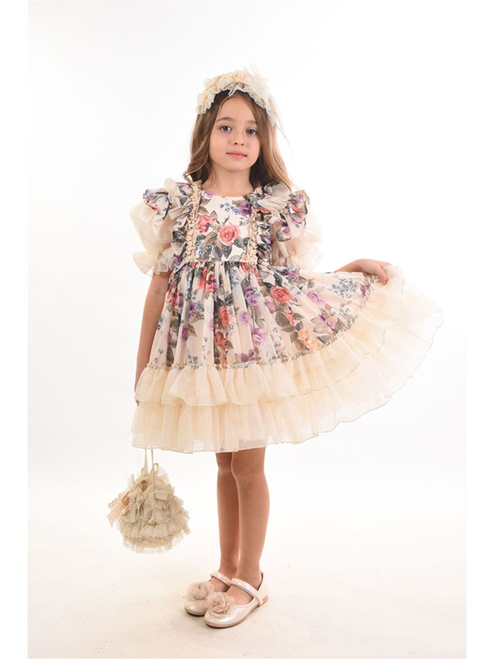 Pembe Elbise Çanta ve Taç Aksesuarlı Fırfır Detaylı Kız Çocuk Elbise-1