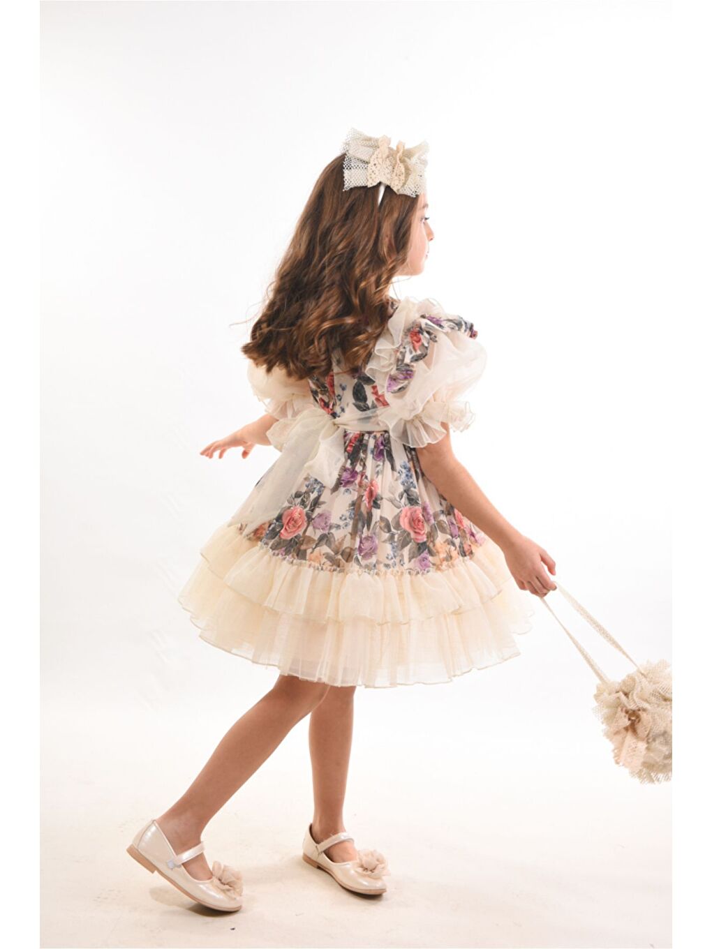 Pembe Elbise Çanta ve Taç Aksesuarlı Fırfır Detaylı Kız Çocuk Elbise-2