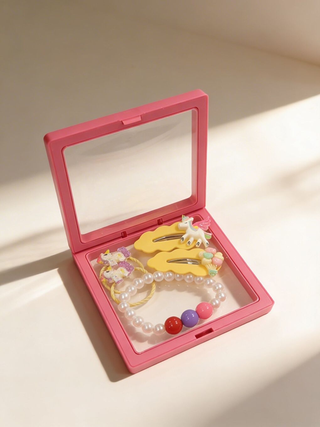 Kız Çocuk 4'Lü Unicornlu Plastik Kutulu Toka Seti Pembe