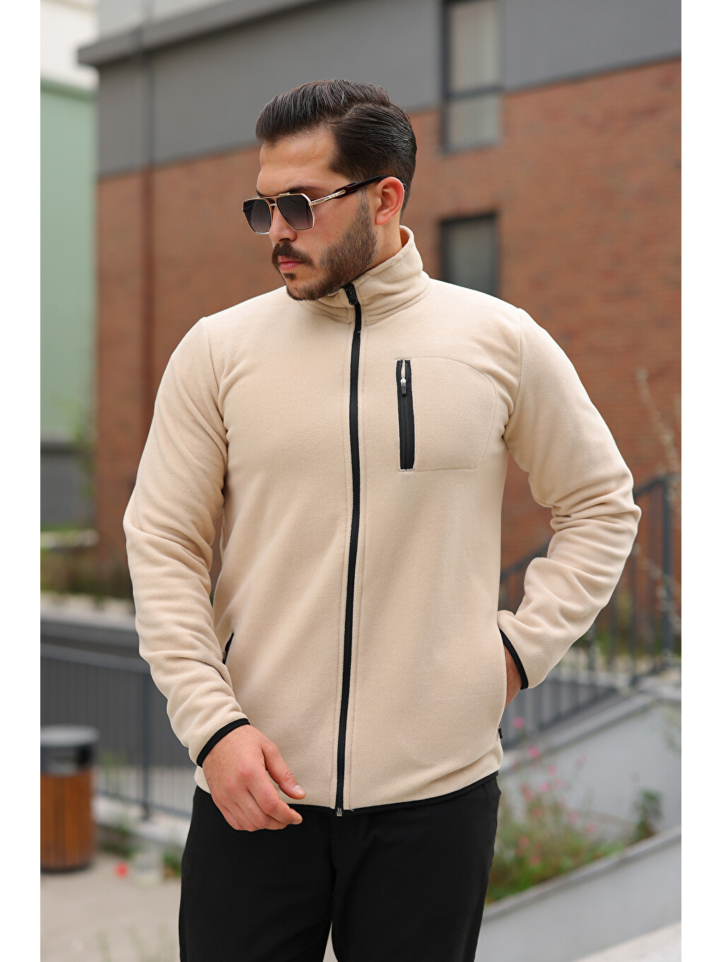 Ekru Erkek Kışlık Trend Fermuarlı Cepli Krem Polar Hırka-2