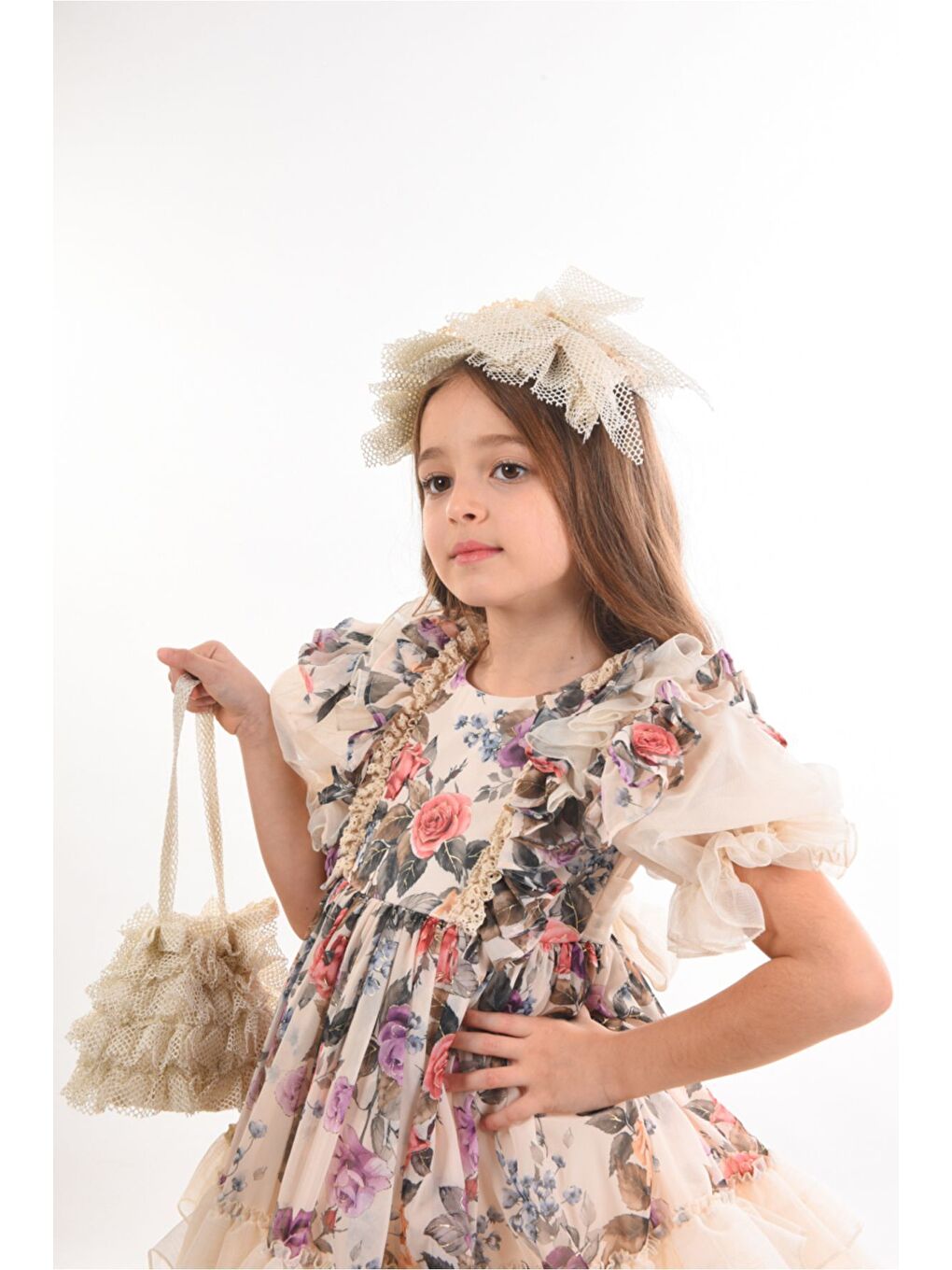 Pembe Elbise Çanta ve Taç Aksesuarlı Fırfır Detaylı Kız Çocuk Elbise-3