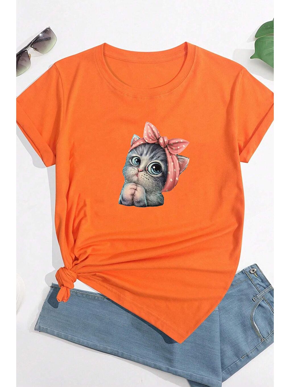 uyguntarz Turuncu Sevimli Kedi Tasarım T-shirt