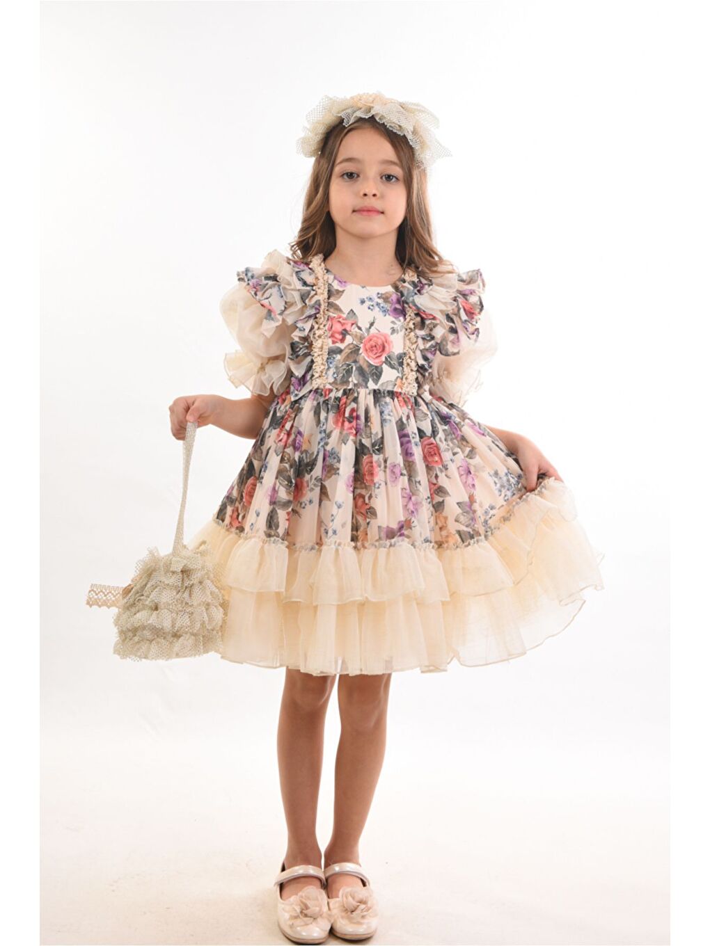 Pembe Elbise Çanta ve Taç Aksesuarlı Fırfır Detaylı Kız Çocuk Elbise-4