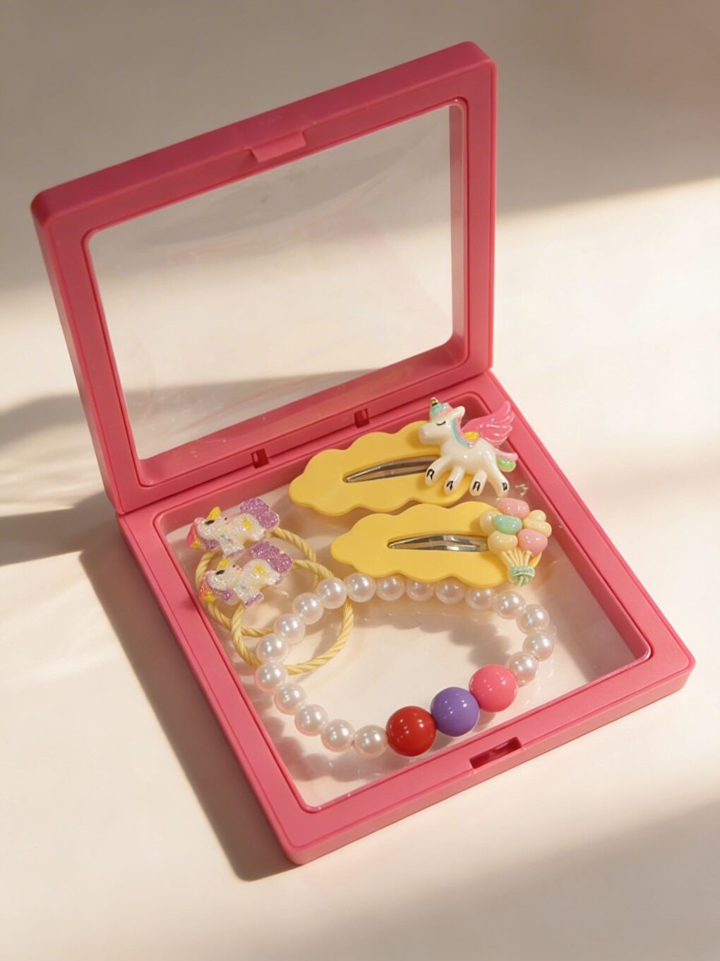 Kız Çocuk 4'Lü Unicornlu Plastik Kutulu Toka Seti Pembe-1