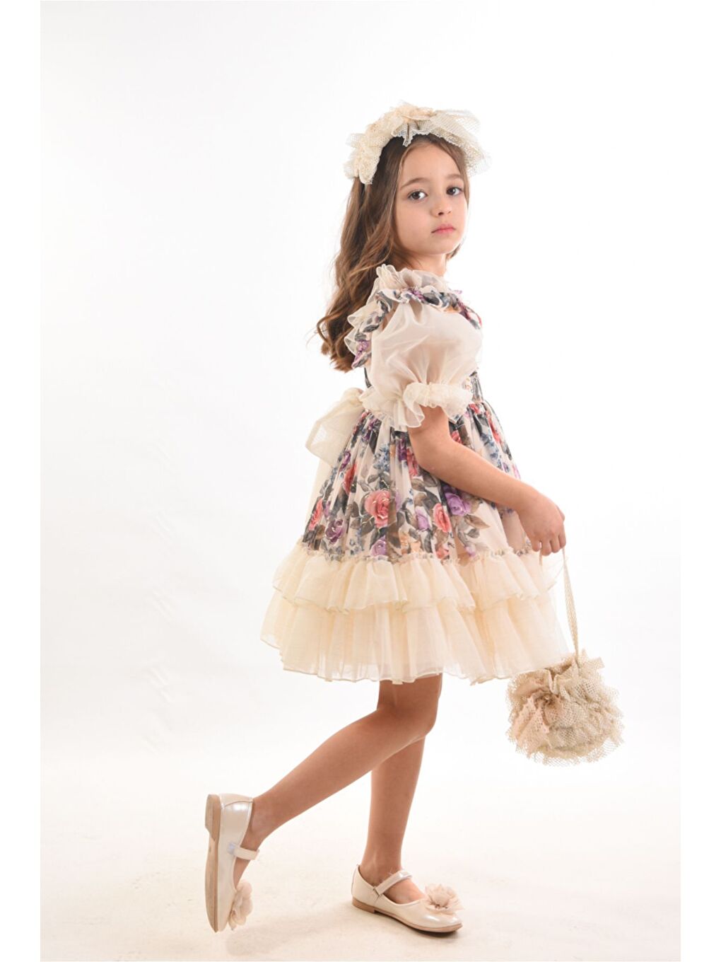 Pembe Elbise Çanta ve Taç Aksesuarlı Fırfır Detaylı Kız Çocuk Elbise-5