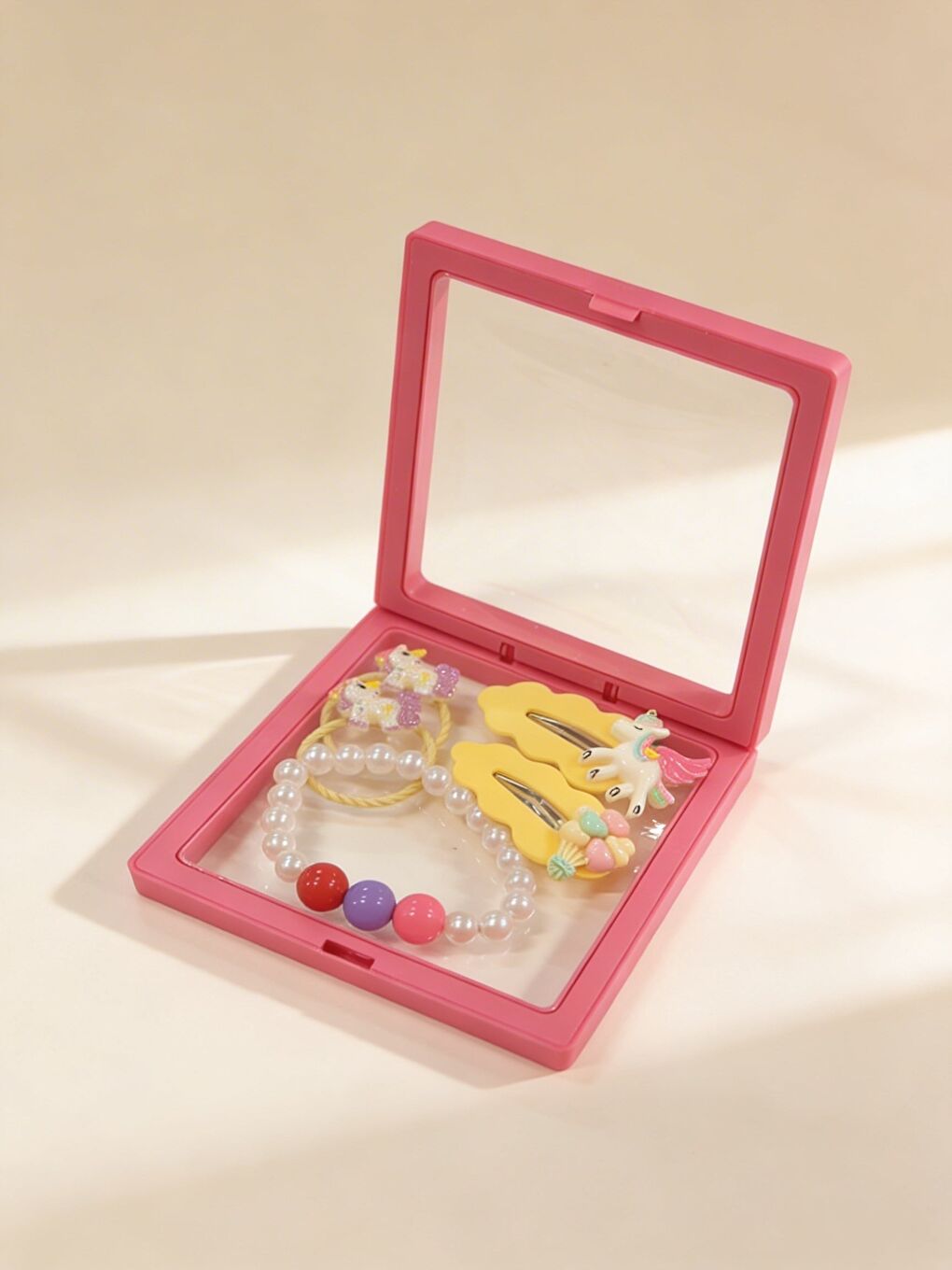 Kız Çocuk 4'Lü Unicornlu Plastik Kutulu Toka Seti Pembe-2