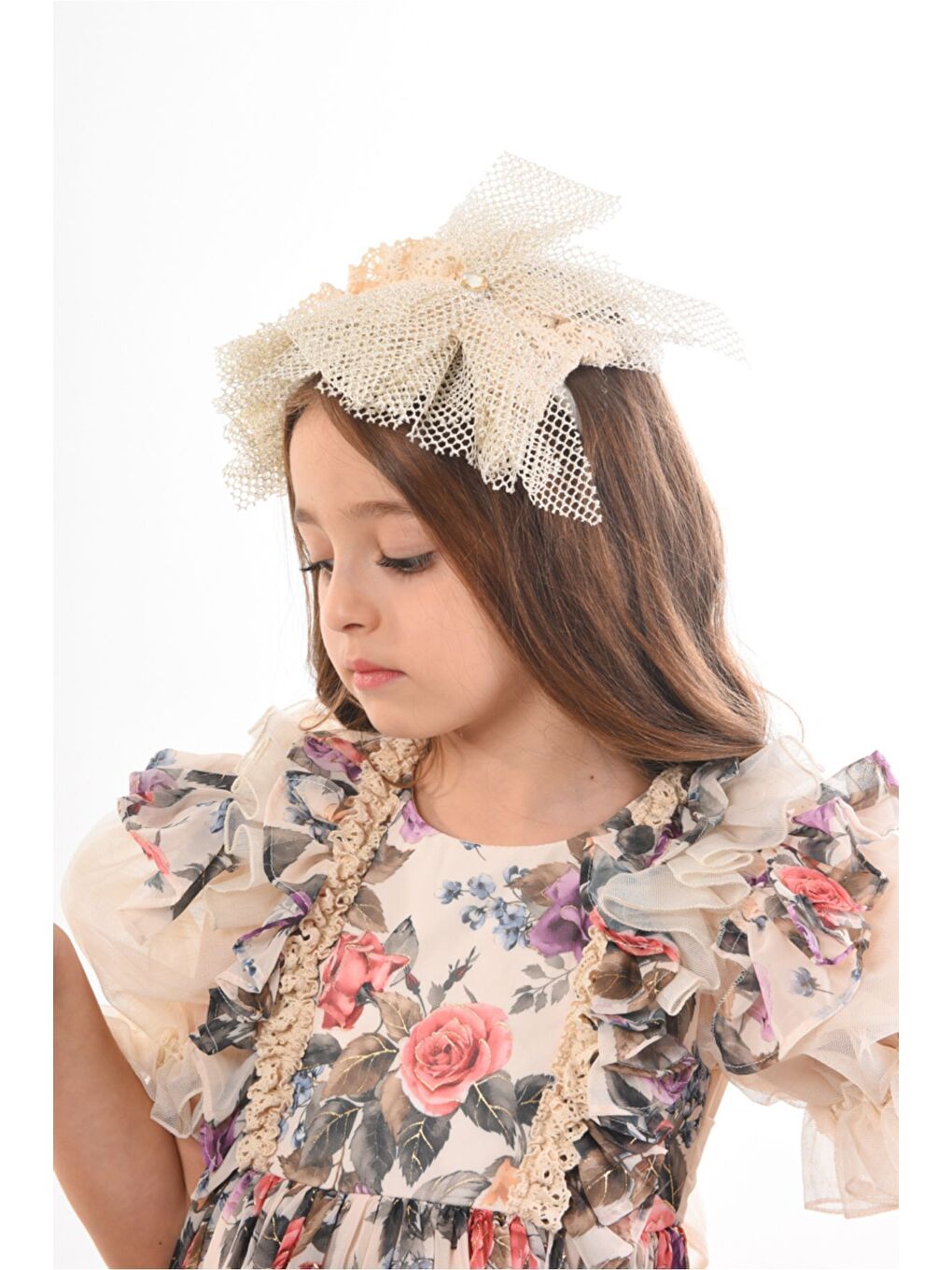 Pembe Elbise Çanta ve Taç Aksesuarlı Fırfır Detaylı Kız Çocuk Elbise-6