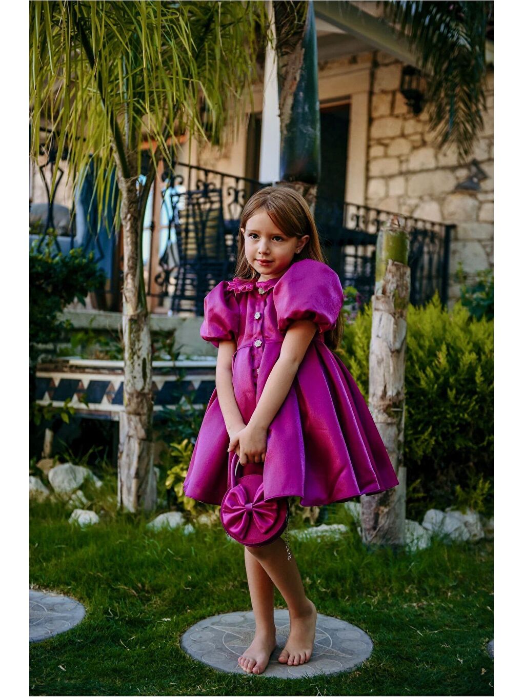 Pembe Kız Çocuk Özel Kısa Abiye Elbise Düğmeli Özel Tasarım Çanta Aksesuarlı_M2445