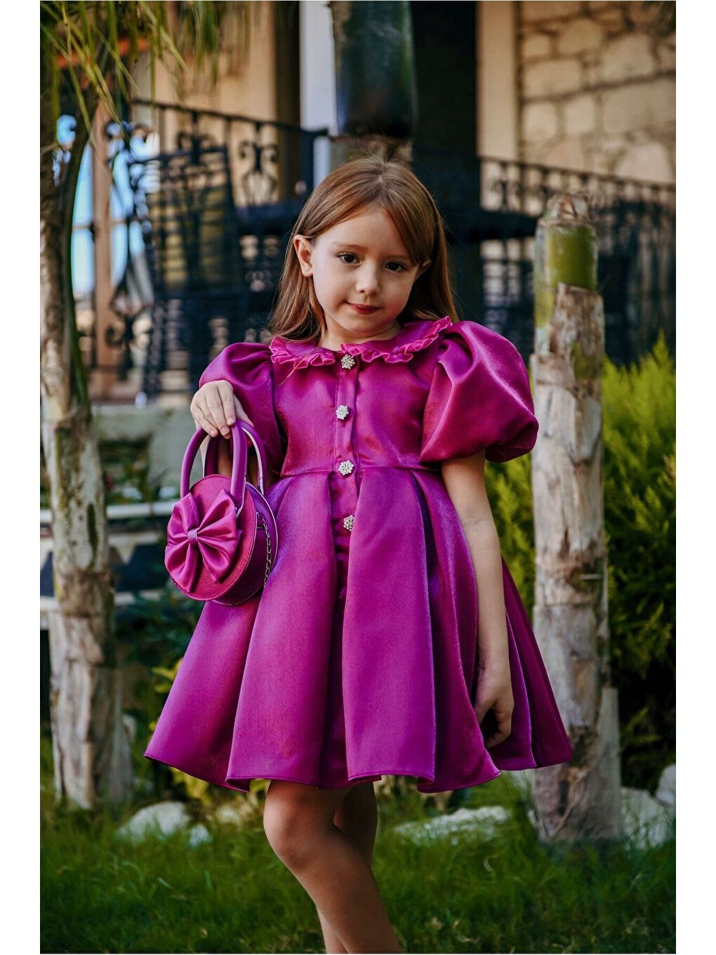 Pembe Kız Çocuk Özel Kısa Abiye Elbise Düğmeli Özel Tasarım Çanta Aksesuarlı_M2445-1