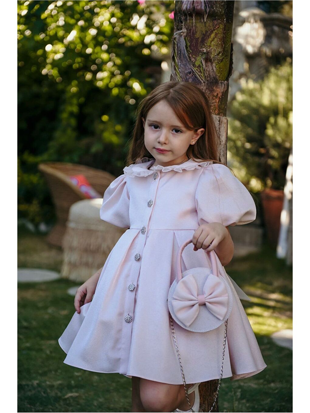 Pembe Kız Çocuk Özel Kısa Abiye Elbise Düğmeli Özel Tasarım Çanta Aksesuarlı_M2445