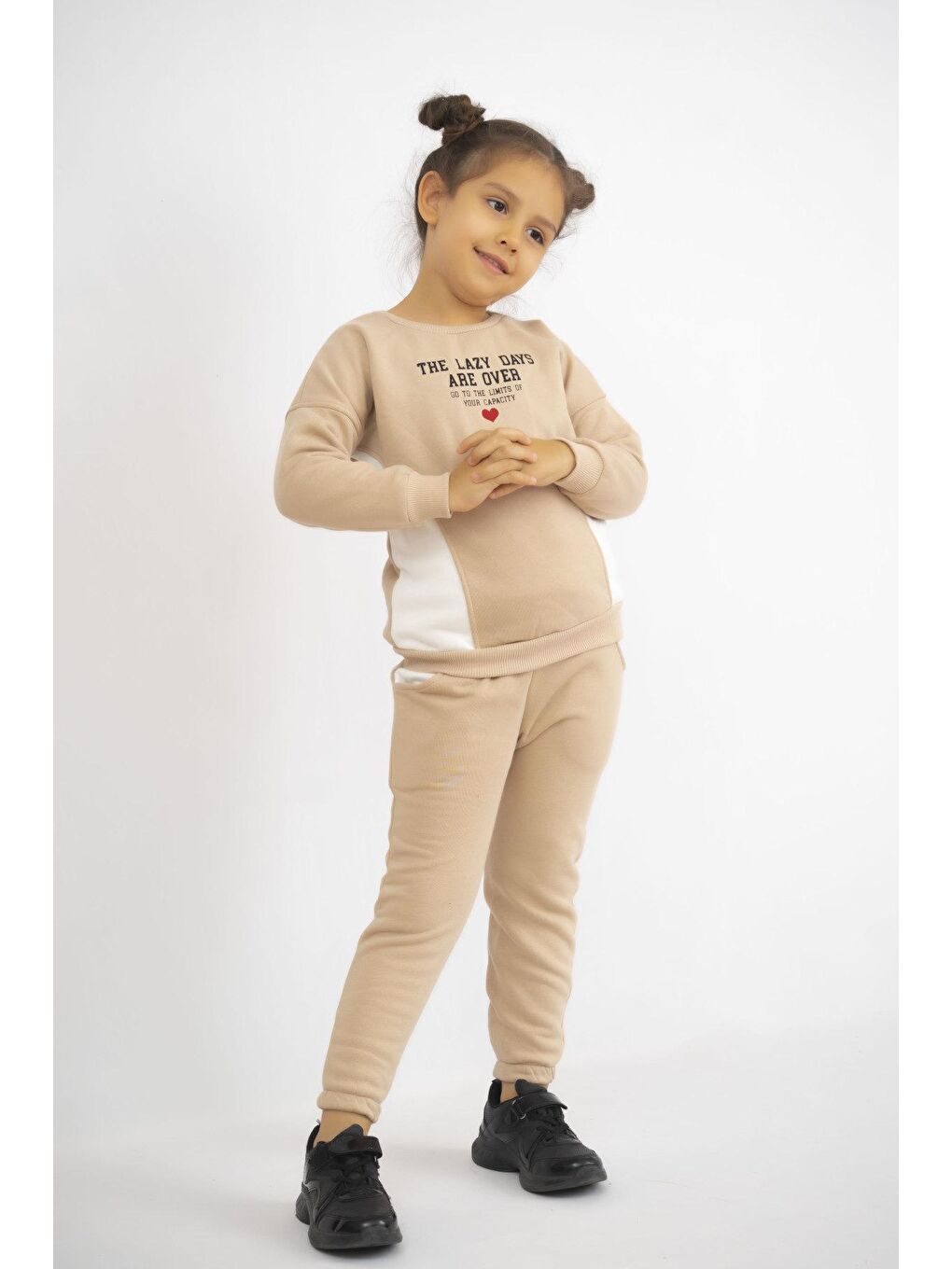 Kahverengi Kız Çocuk  Kalın 3 İplik Kalın Şardonlu  Uzun Kollu Basic Eşofman Takımı-1