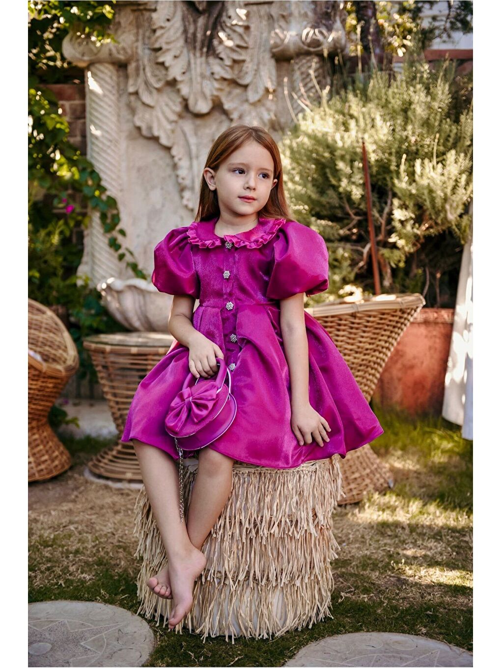 Pembe Kız Çocuk Özel Kısa Abiye Elbise Düğmeli Özel Tasarım Çanta Aksesuarlı_M2445-2