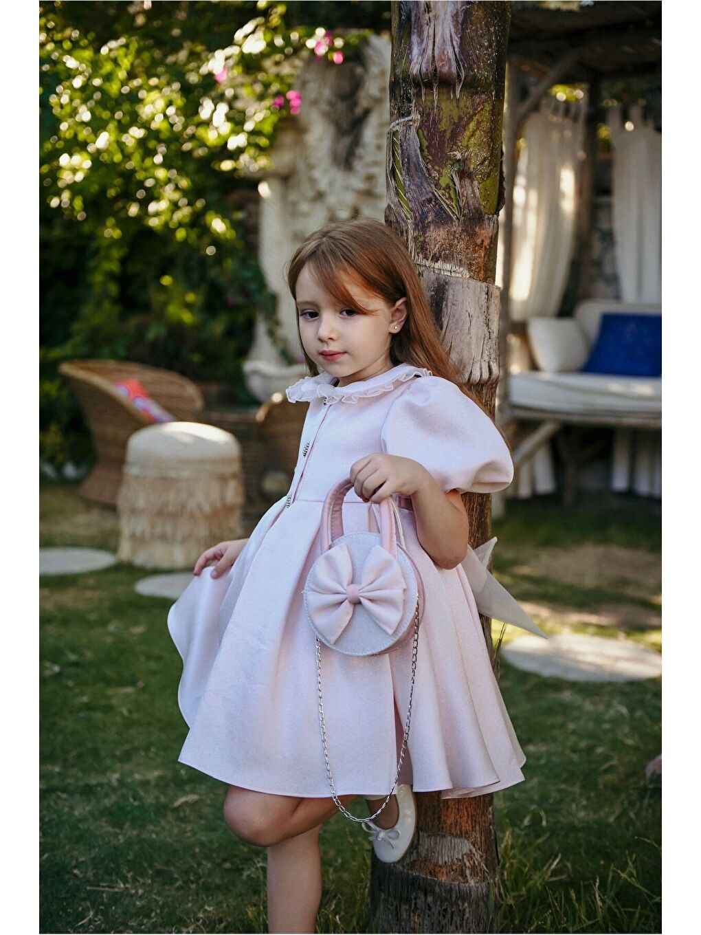 Pembe Kız Çocuk Özel Kısa Abiye Elbise Düğmeli Özel Tasarım Çanta Aksesuarlı_M2445-1