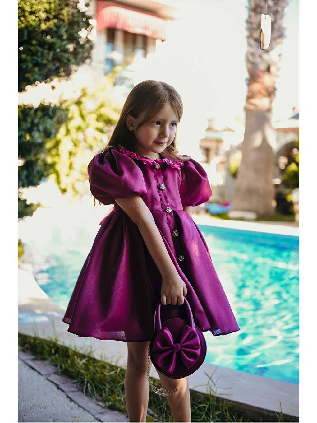 Pembe Kız Çocuk Özel Kısa Abiye Elbise Düğmeli Özel Tasarım Çanta Aksesuarlı_M2445-3