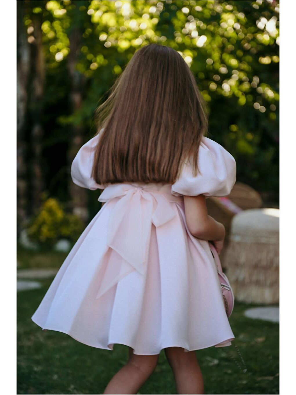 Pembe Kız Çocuk Özel Kısa Abiye Elbise Düğmeli Özel Tasarım Çanta Aksesuarlı_M2445-2