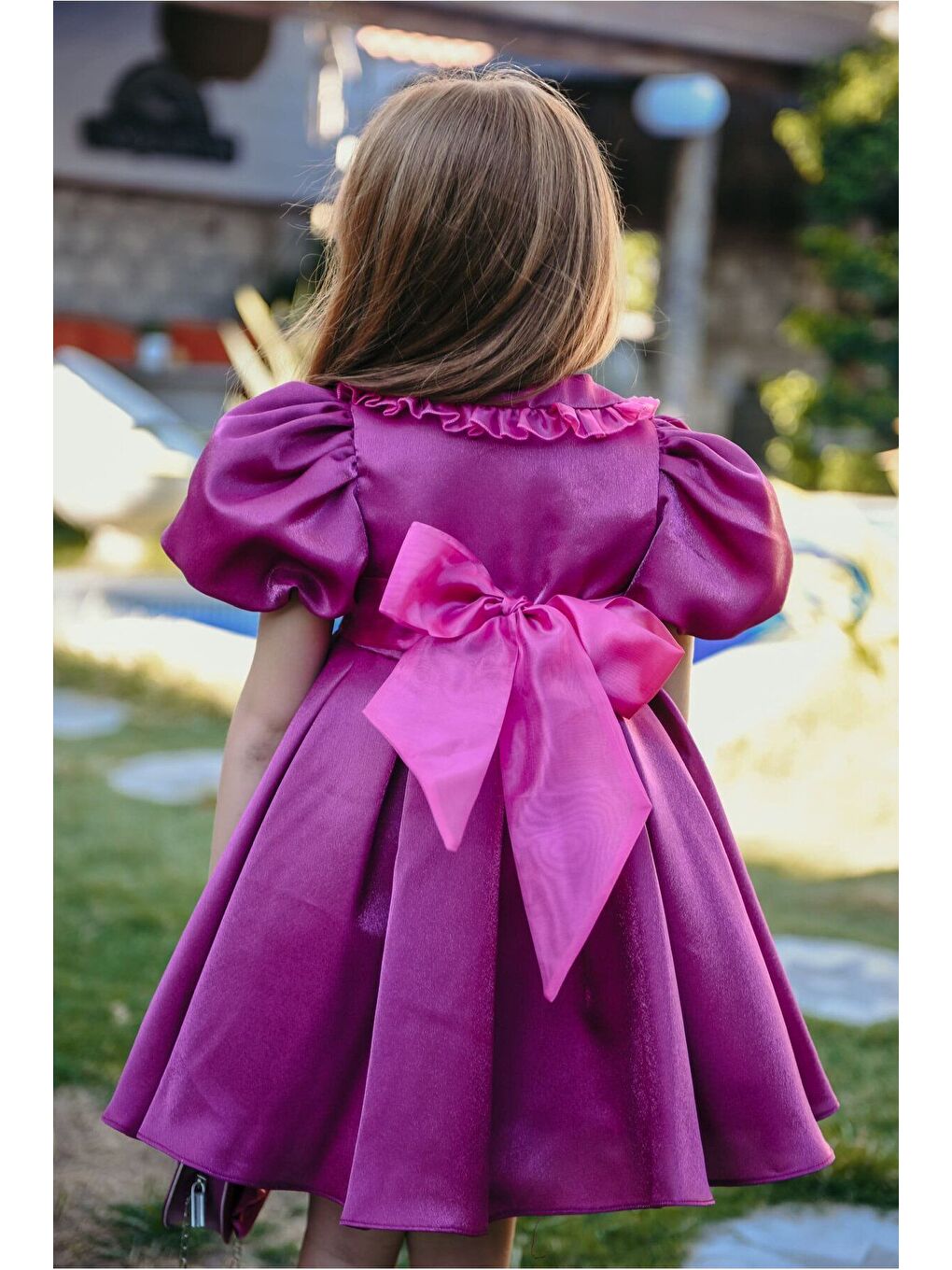 Pembe Kız Çocuk Özel Kısa Abiye Elbise Düğmeli Özel Tasarım Çanta Aksesuarlı_M2445-4