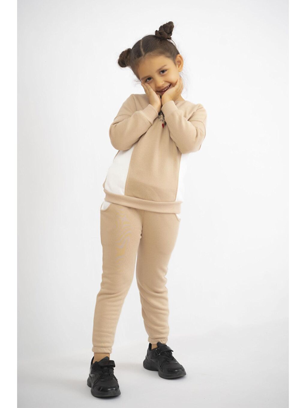 Kahverengi Kız Çocuk  Kalın 3 İplik Kalın Şardonlu  Uzun Kollu Basic Eşofman Takımı-2
