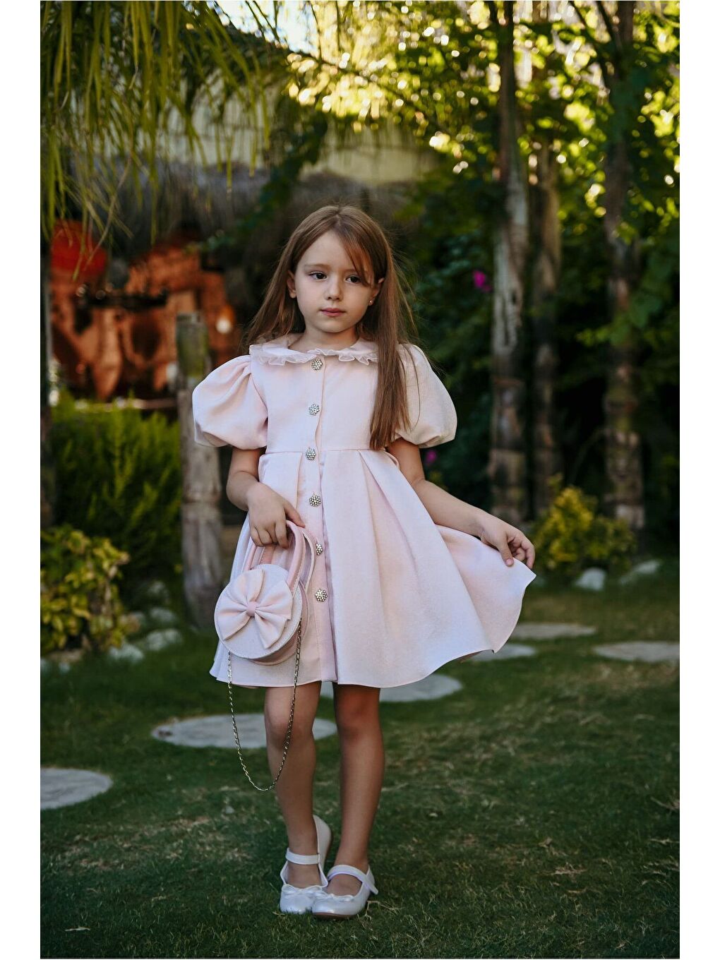 Pembe Kız Çocuk Özel Kısa Abiye Elbise Düğmeli Özel Tasarım Çanta Aksesuarlı_M2445-3