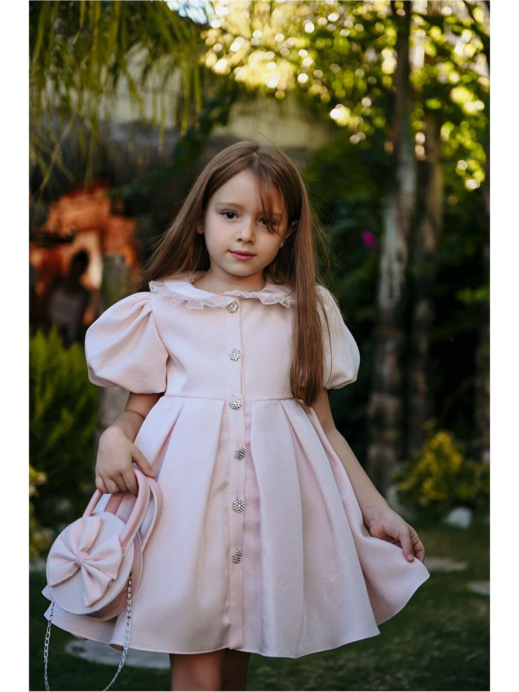 Pembe Kız Çocuk Özel Kısa Abiye Elbise Düğmeli Özel Tasarım Çanta Aksesuarlı_M2445-4