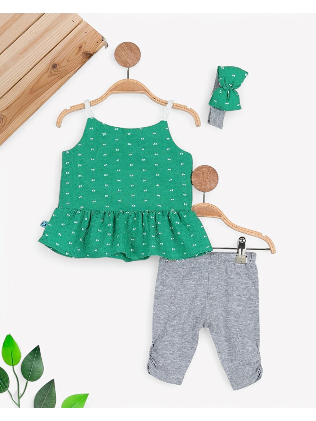 Yeşil Kız Bebek İp Askılı Bluz Ve Taytlı Yazlık Polyesterli Takım-4