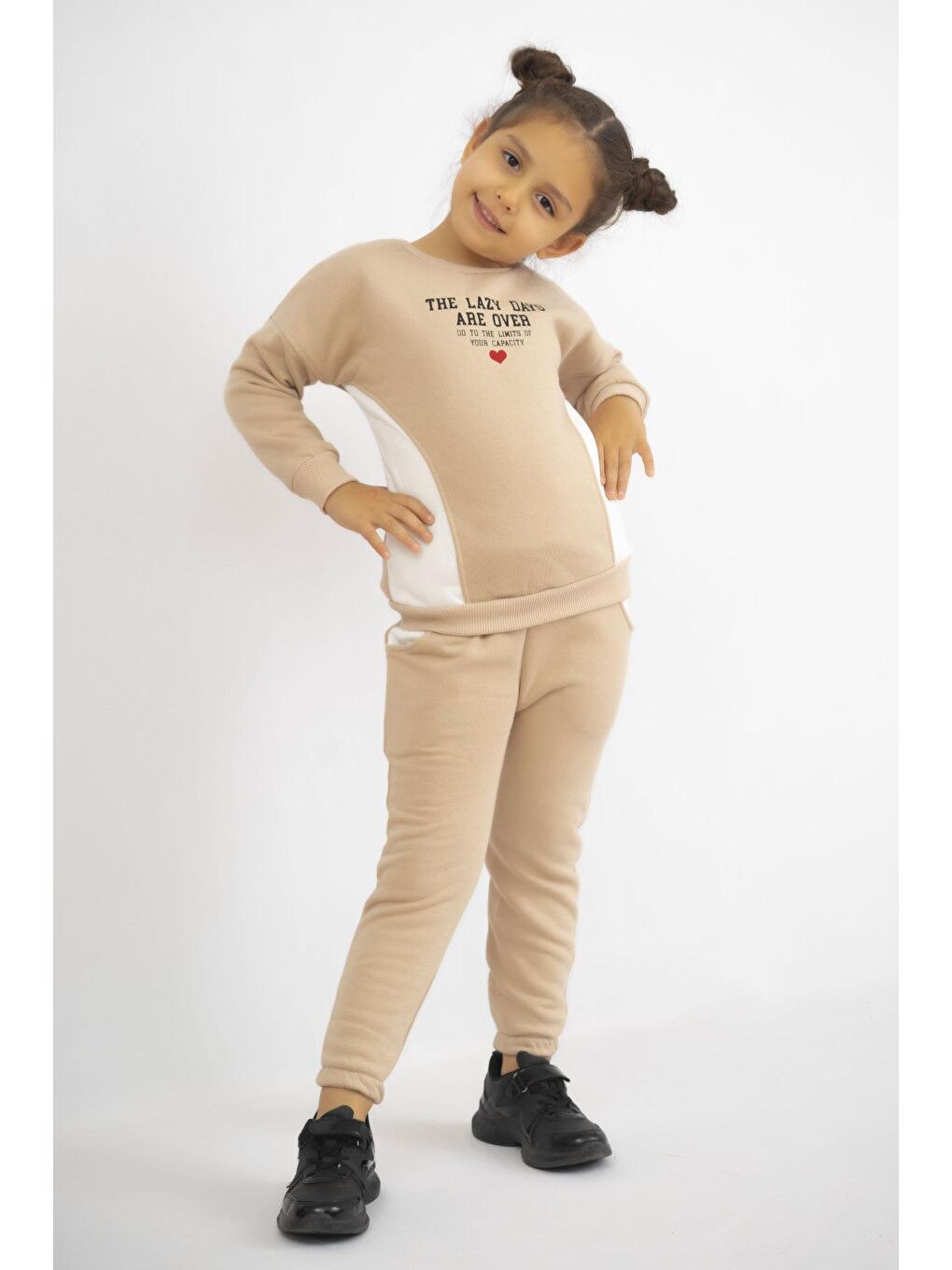 Kahverengi Kız Çocuk  Kalın 3 İplik Kalın Şardonlu  Uzun Kollu Basic Eşofman Takımı-3