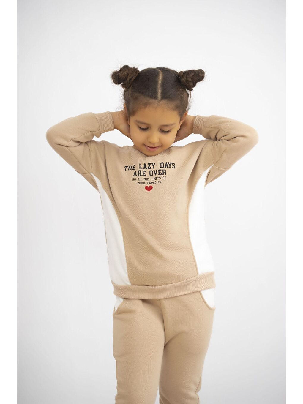 Kahverengi Kız Çocuk  Kalın 3 İplik Kalın Şardonlu  Uzun Kollu Basic Eşofman Takımı-4