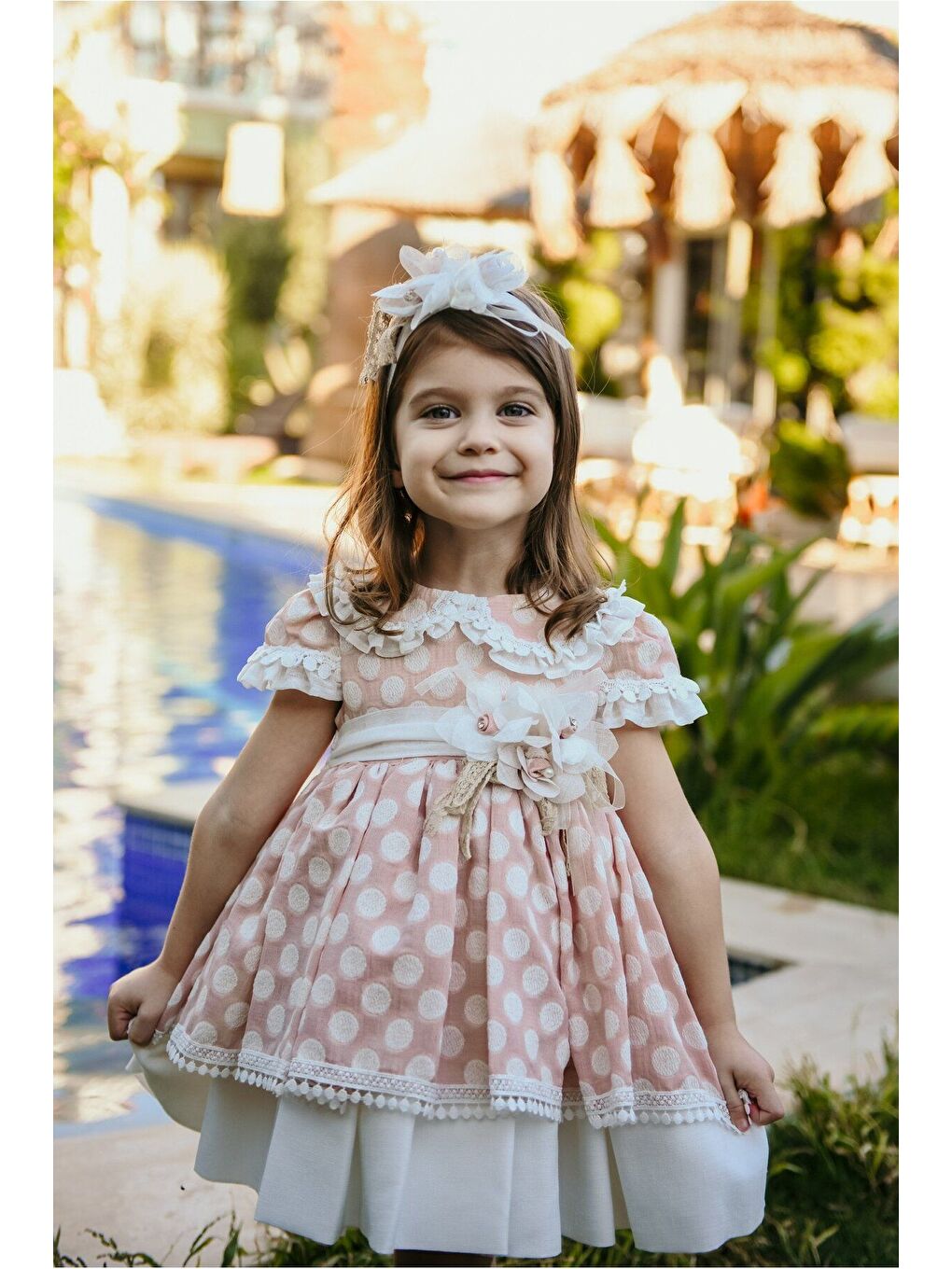 Pembe Kız Çocuk Kısa Vintage Elbise - Fermuarlı Özel Tasarım - Aksesuarlı