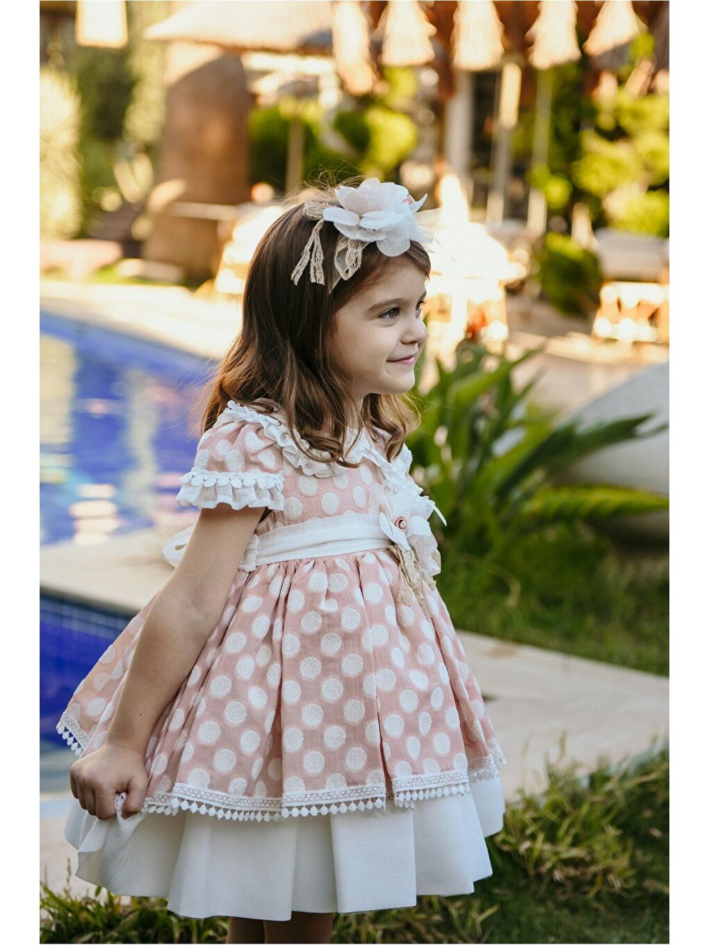 Pembe Kız Çocuk Kısa Vintage Elbise - Fermuarlı Özel Tasarım - Aksesuarlı-1