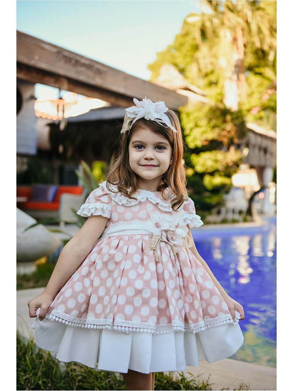 Pembe Kız Çocuk Kısa Vintage Elbise - Fermuarlı Özel Tasarım - Aksesuarlı-2