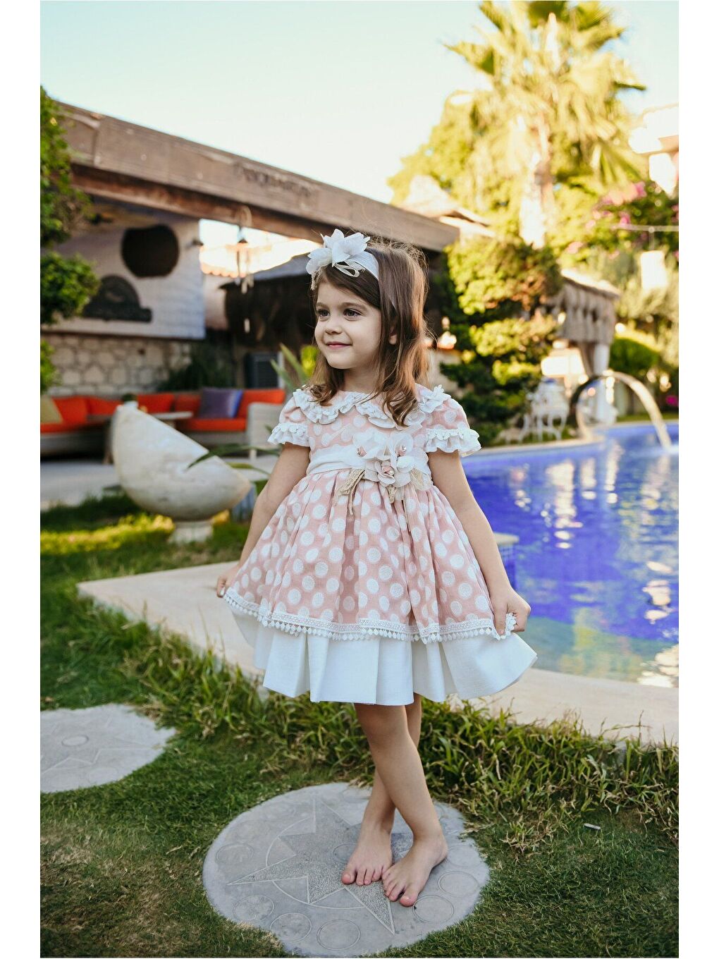 Pembe Kız Çocuk Kısa Vintage Elbise - Fermuarlı Özel Tasarım - Aksesuarlı-3