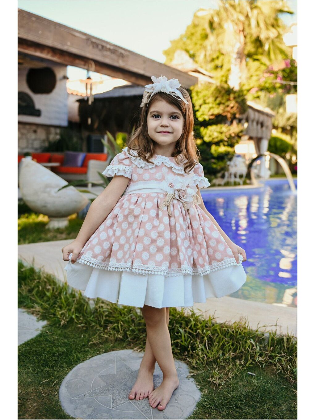 Pembe Kız Çocuk Kısa Vintage Elbise - Fermuarlı Özel Tasarım - Aksesuarlı-4