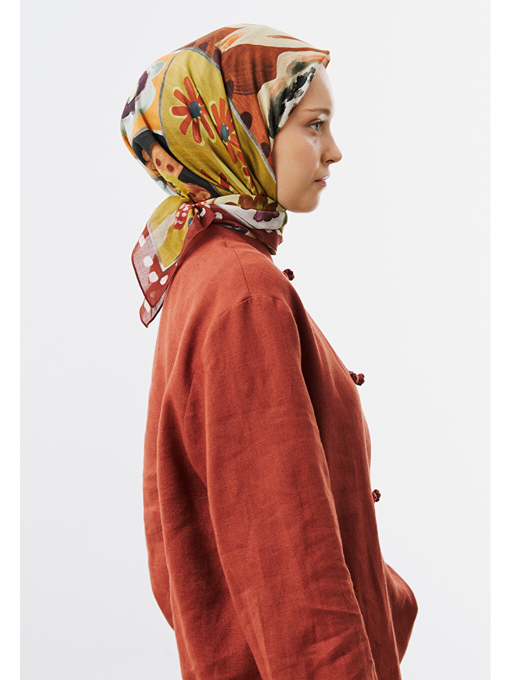 Turuncu Floral Story Desen Vual Eşarp Bakır-1