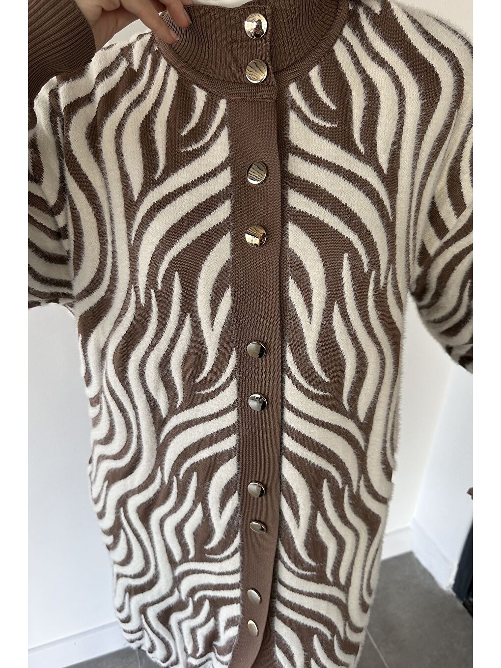 Bej Desenli Angora Tesettür Triko Hırka-7