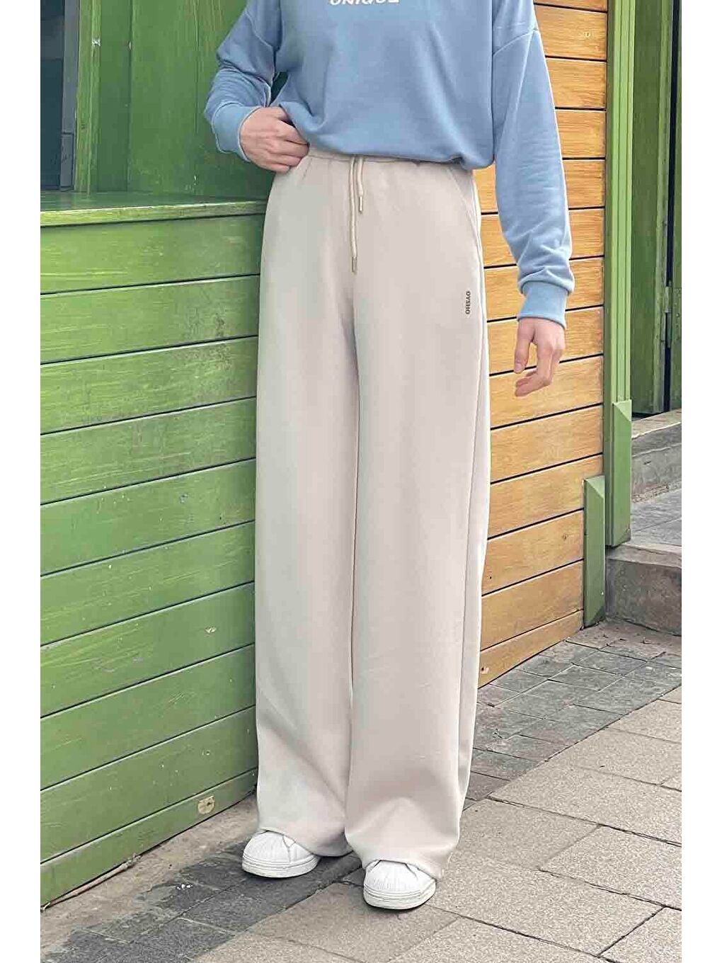 Bej Modal Kumaş Bol Paça Eşofman Taş-1