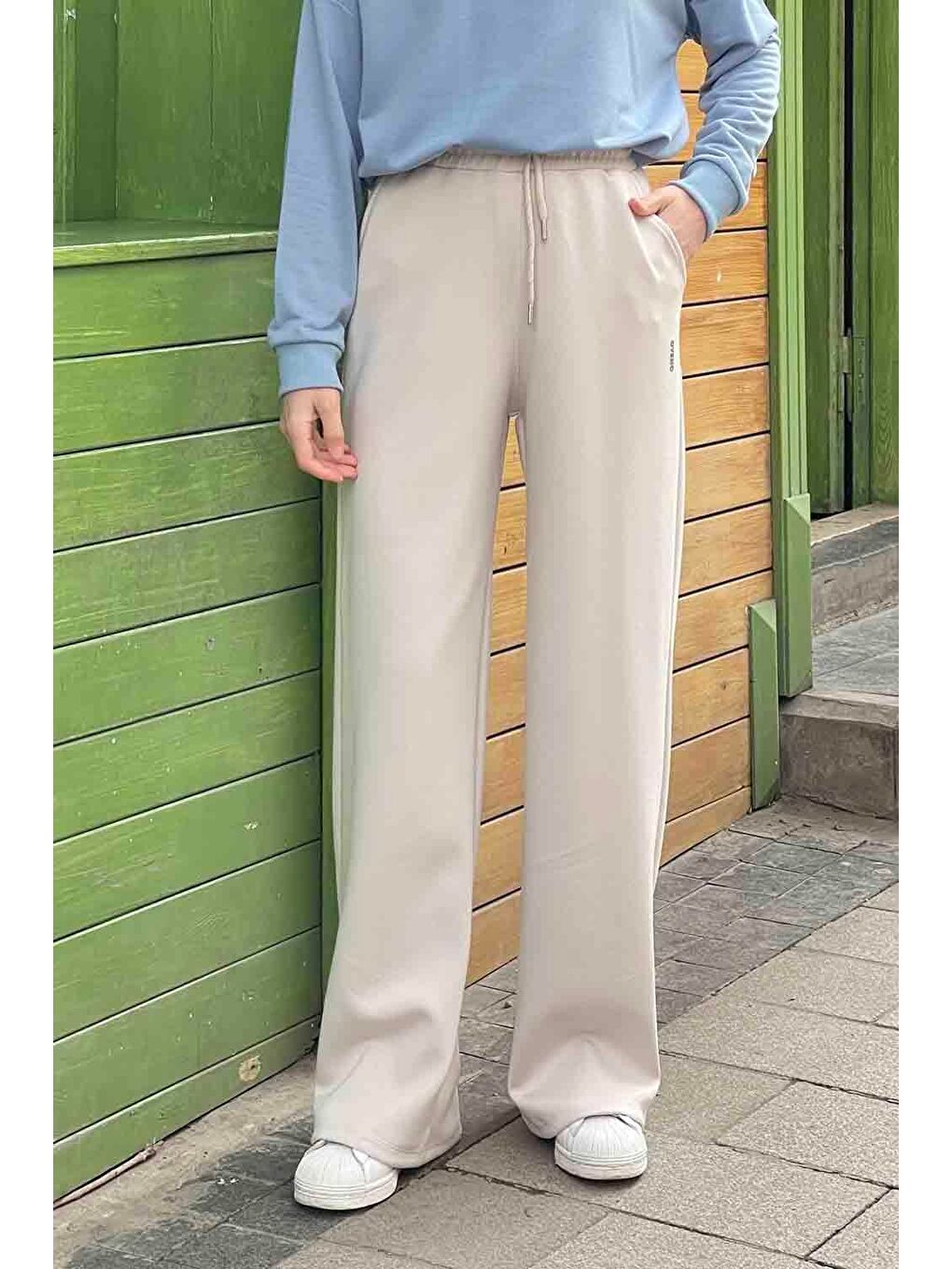 Bej Modal Kumaş Bol Paça Eşofman Taş-2