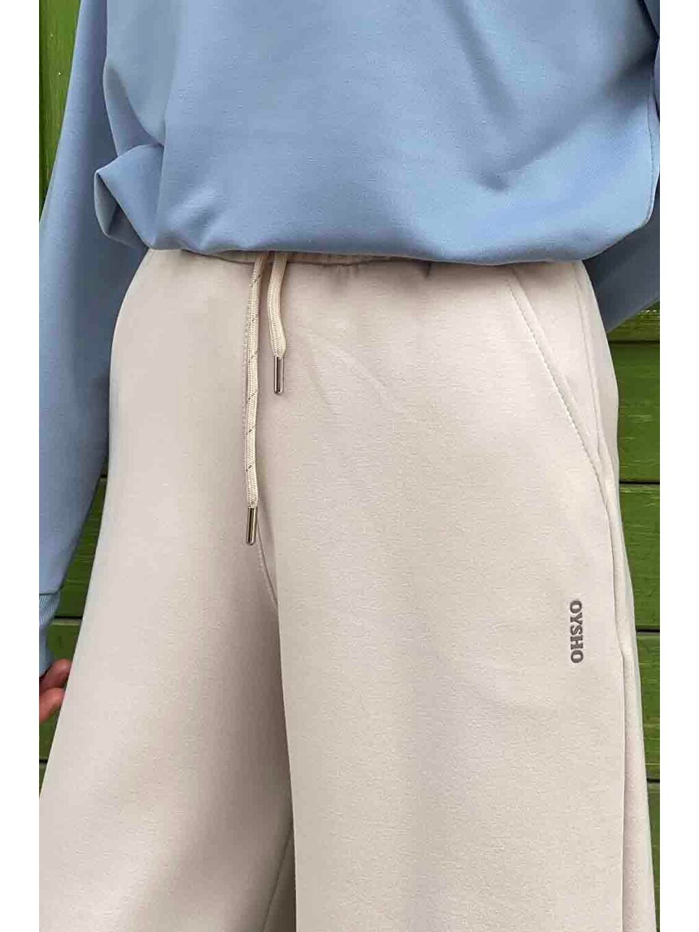 Bej Modal Kumaş Bol Paça Eşofman Taş-3