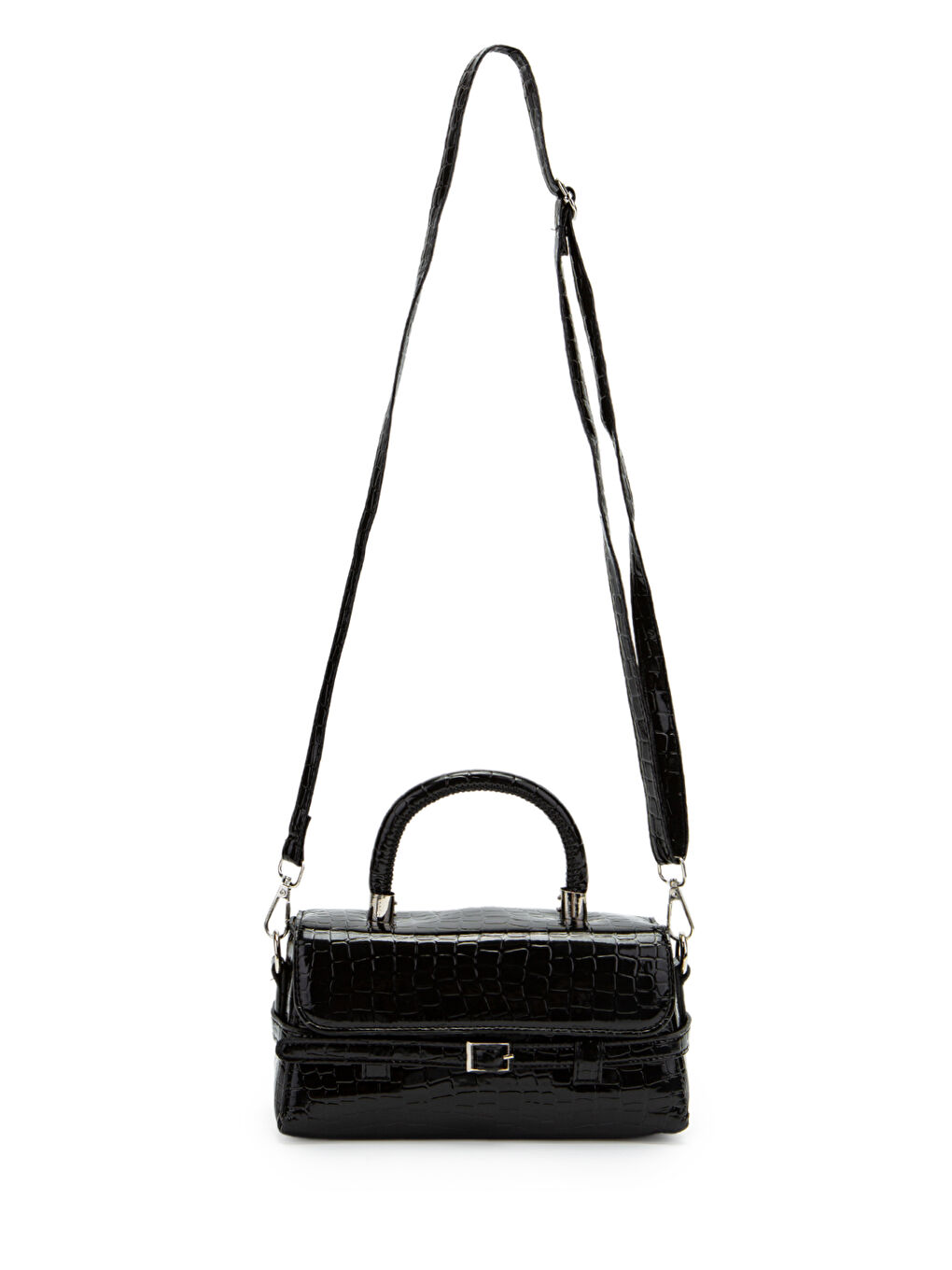 Kemer Detaylı Suni Deri Kadın Çapraz Çanta Nora Desenli Siyah-1