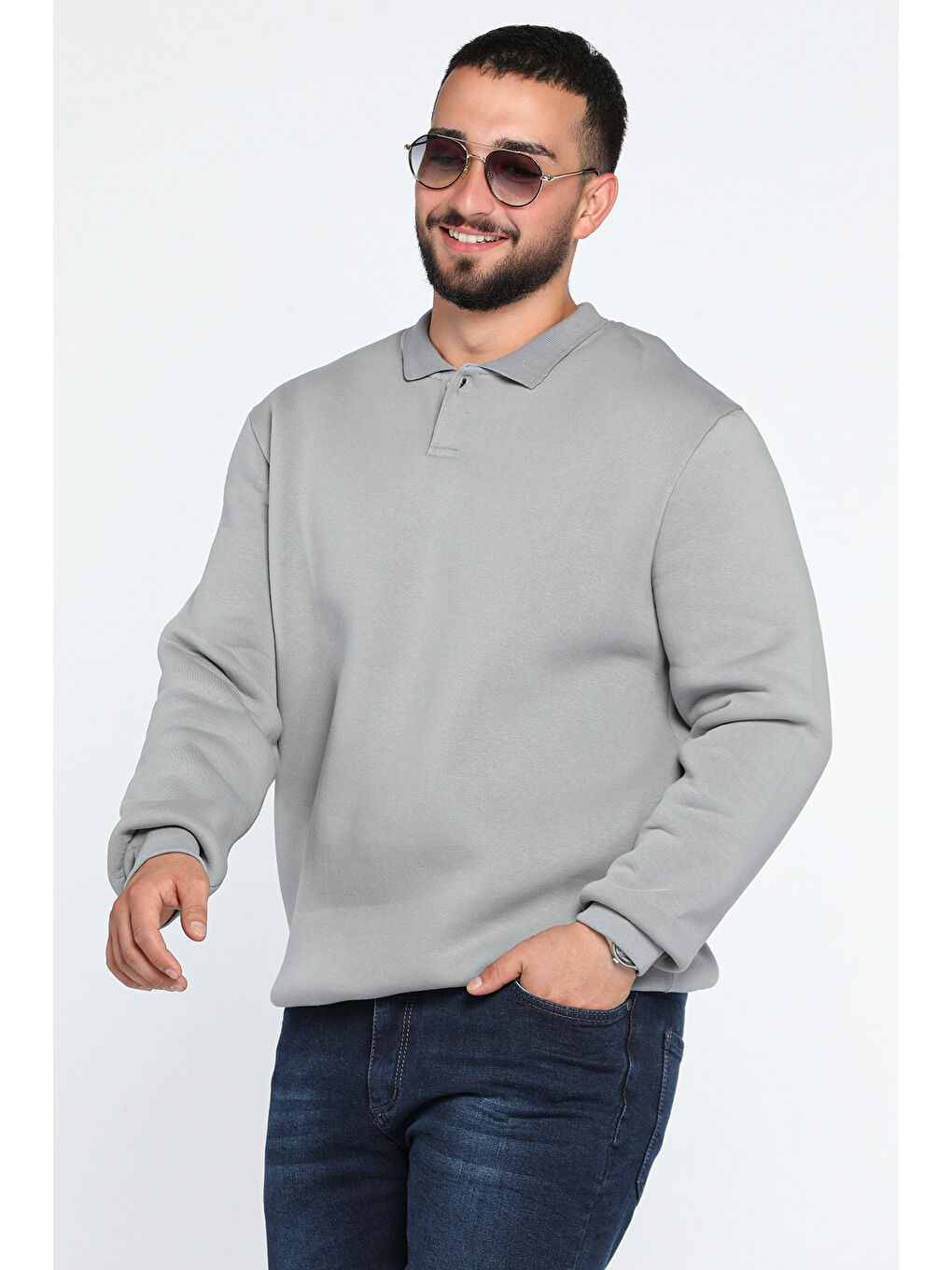 Mishar İtalia Gri Erkek Polo Yaka Şardonlu Üç İplik Sweatshirt