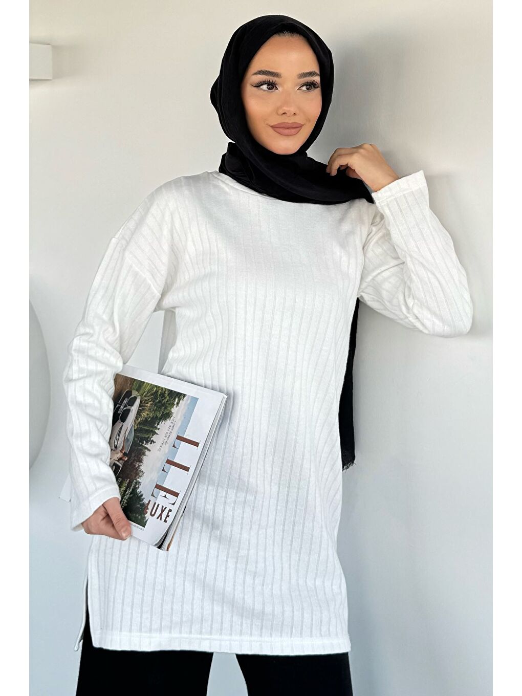 Ekru Fitilli Kadın Tesettür Tunik-4