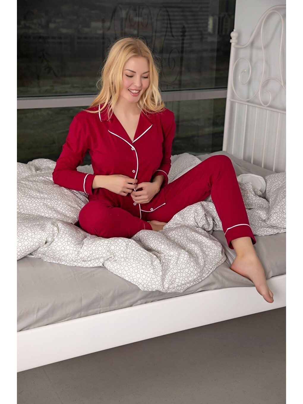 Bordo Kadın Pamuklu Düğmeli Biyeli Pijama Takımı