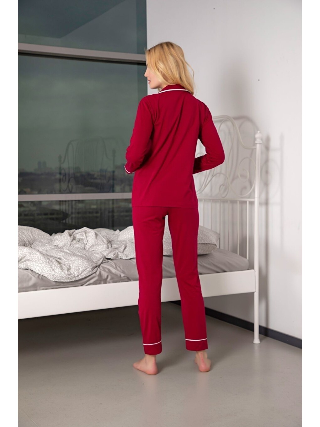 Bordo Kadın Pamuklu Düğmeli Biyeli Pijama Takımı-2