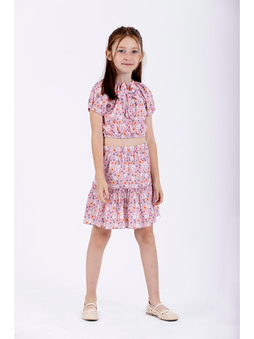 Önü Fiyonk Detaylı Lila Renk Kız Çocuk Etekli Takım-1